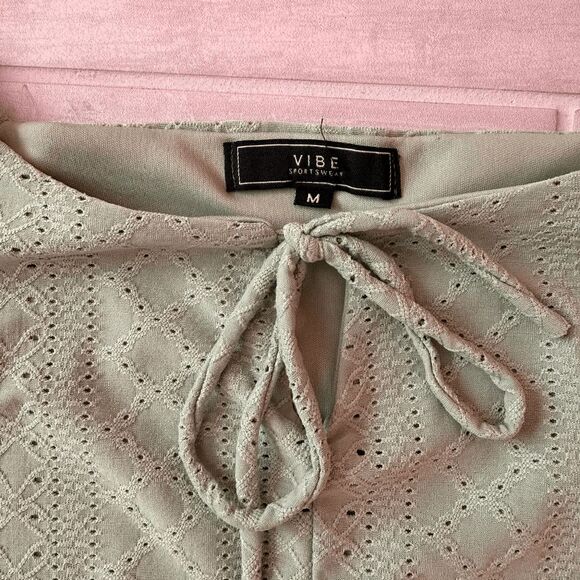 VIBE Mini Dress Bodycon Mint Green Short Sleeve Tie-Front Bust Textured Sage M - Picture 5 of 9